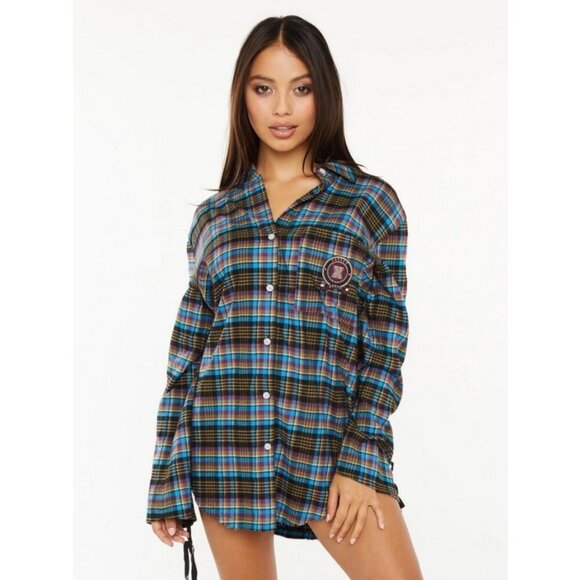 💕SAVAGE x FENTY💕 Tied-Up Tartan PJ Raw Hem Sleep Shirt Blue Plaid Small S NWT - Picture 6 of 16